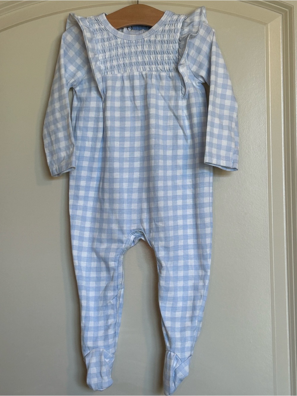 7 For All Mankind Light Blue Gingham Smocked Footie